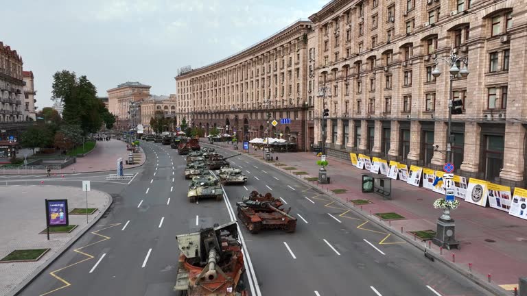 UKRAINE-amazing shot of hundreds of wrecked destroyed Russian tanks and war equipment on Khreshchatyk Street in downtown Kyiv Kiev.