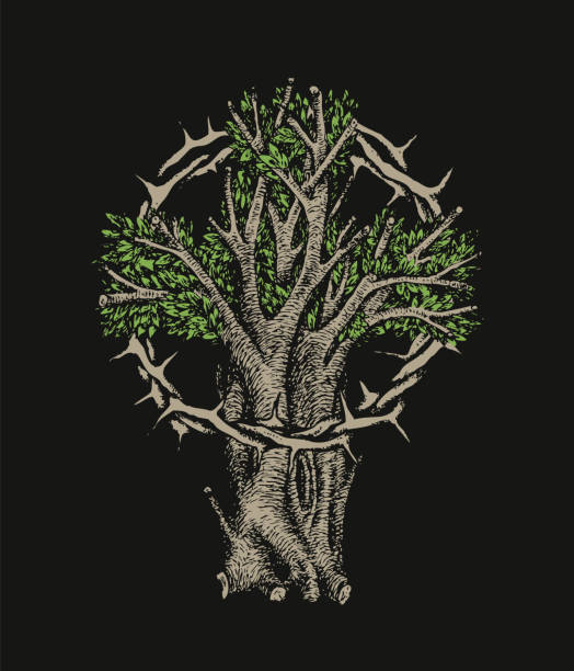 Christian cross in the form of a tree with a crown of thorns Concept of a Christian cross in the form of a tree with a crown of thorns hand drawn. Decorative tree in the shape of a cross. Vector illustration, religious sign, icon, logo, emblem, design element. thorn wreath stock illustrations