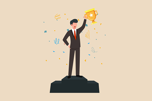 Business people concepts for success. Businessman speed up running up the Stairs to the gold trophy cup icon. Isometric vector illustration.