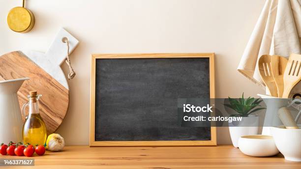 Kitchen Countertop With Copy Space On A Blackboard Stock Photo - Download Image Now - Table, Cooking, Kitchen