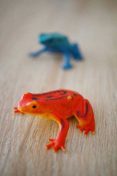 istock Plastic toy frog on a wooden table 1463371779
