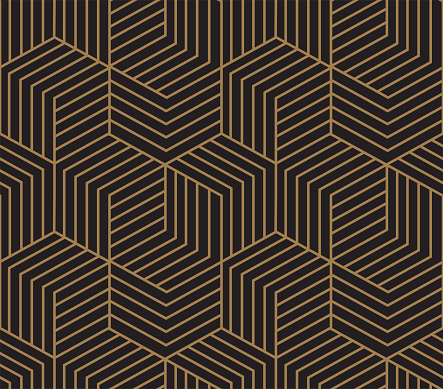Art Deco linear cube pattern. Gold and black geometric background. Interior decor design.