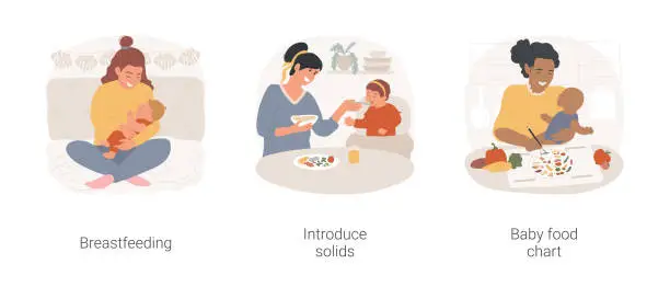Vector illustration of Feeding a baby isolated cartoon vector illustration set.