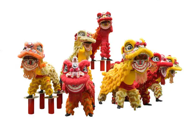 Photo of Static display of Chinese (Southern) Lion Dance, isolated on white to celebrate the Lunar New Year