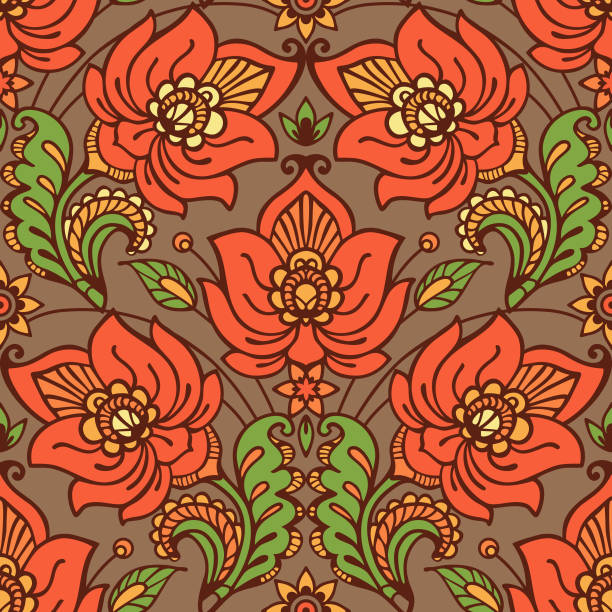 Red Flowers Seamless Pattern Red Flowers Asian Floral Seamless Pattern background of arabian scarf stock illustrations