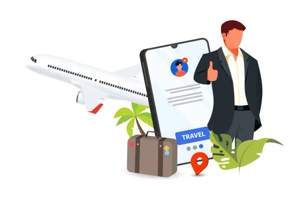 Vector illustration of Businessman walking with suitcase and flight ticket. Business man with luggage bag in arrival