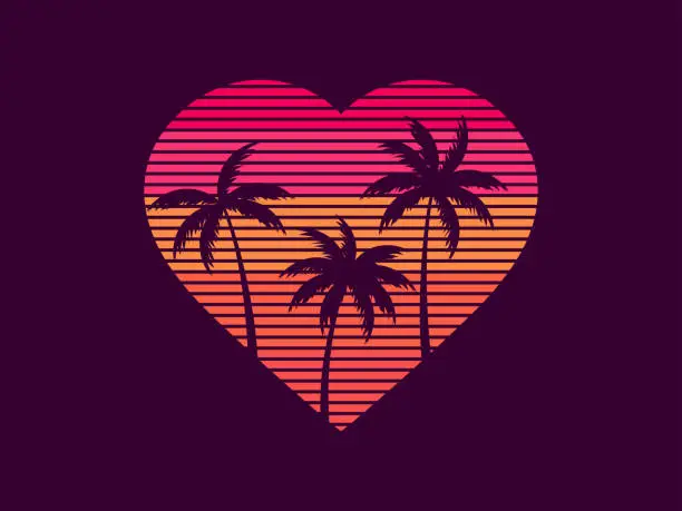 Vector illustration of Heart with palm trees in the style of the 80s for Valentine's day. Retro futuristic hearts with outline palm trees in synthwave style. Design for greeting card, banner and poster. Vector illustration