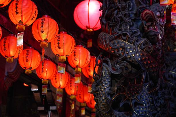 istock Red lanterns in a temple in Taiwan 1463378946