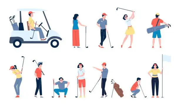 Vector illustration of Golf players flat characters. Golfer men and women play. Sport champion, golf club sporting and relaxing time. Fun active person recent vector set