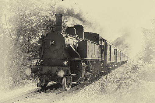 Vintage steam train. Sepia toned old photo, daguerreotype.