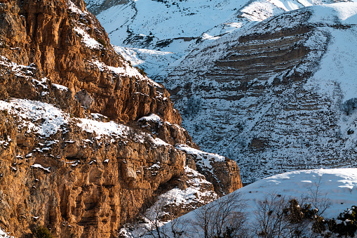 A beautiful photo of snowy mountain gorge in winter
