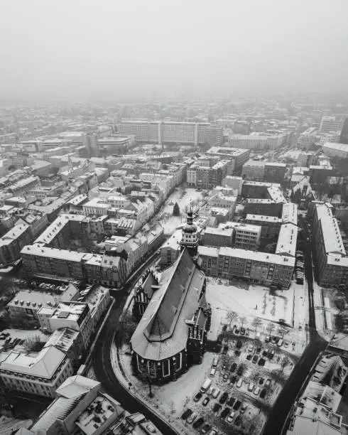 An aerial view of the Cottbus cityscape in winter, Germany