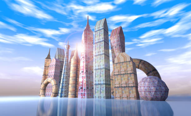 istock Buildings with United Arab Emirates Currency Dirham Notes - 3D Illustration Render 1463382236