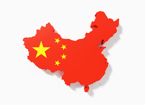 Geographical border of China textured with Chinese flag on white background. Horizontal composition with clipping path.