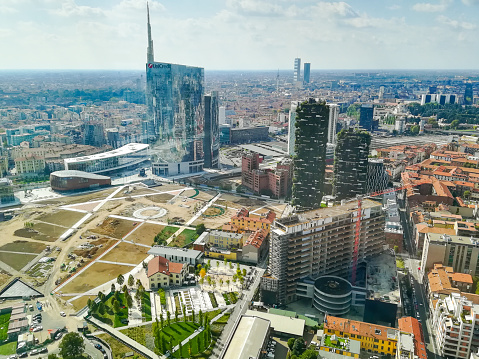 An aerial view of Milan modern buildings in Italy
