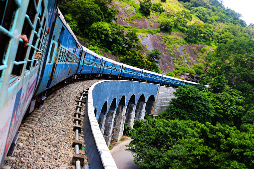 picture of train travelling through bridge