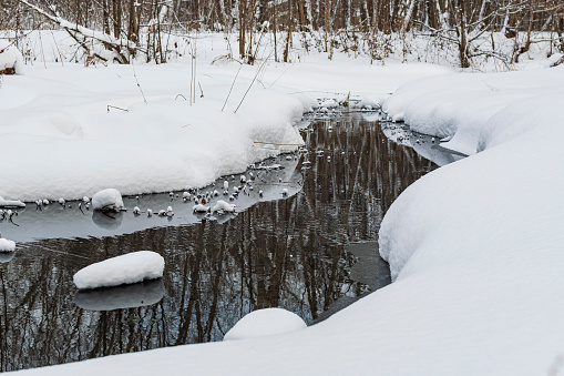Winter landscape with an unstoppable stream of water (stream) surrounded by white snows.