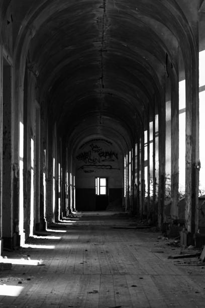 istock Grayscale of inside an abandoned building 1463387179