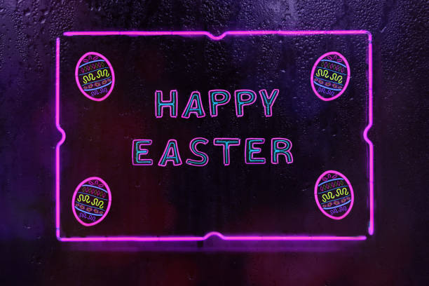 istock Neon Happy Easter sign on a wet window 1463387610