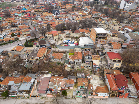 Gypsy slum district of Maksuda in Varna Bulgaria, aerial top view