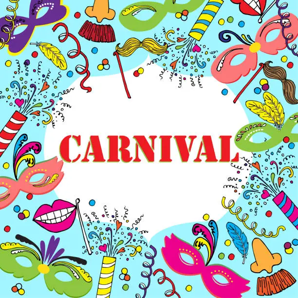 Vector illustration of Carnival or carnevale card or banner. Vector illustration with festive masks, Confetti Crackers, streamers, confetti and garlands. Square.