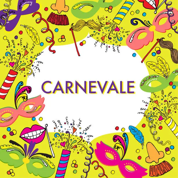 Vector illustration of Carnival or carnevale card or banner. Vector illustration with festive masks, Confetti Crackers, streamers, confetti and garlands. Square.