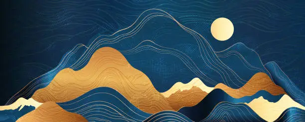 Vector illustration of Night Moon and Mountains, abstract horizontal background design. Natural hills of gold and blue, in the collage technique. Prestigious art is suitable for print on the wall, invitation, packaging design,mural.