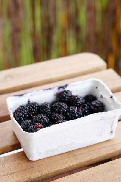 The blackberries in a box on the wooden table with the blurred background