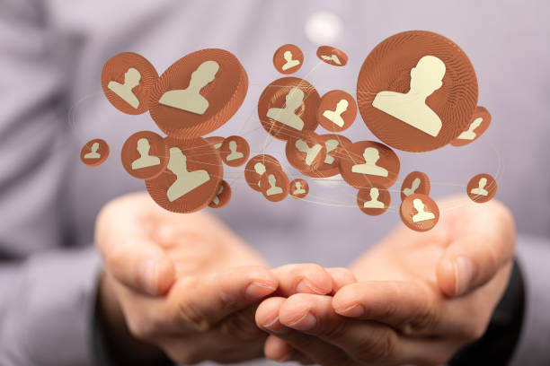 istock Digital concept of communications, digital unity groups, and teamwork with floating signs on hands 1463393235