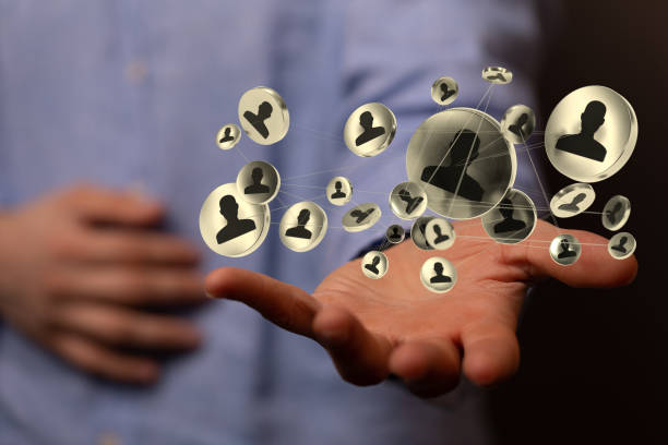 istock Digital concept of communications, digital unity groups, and teamwork with floating signs on a hand 1463394030