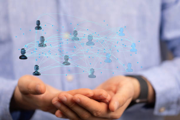 istock Digital concept of communications, digital unity groups, and teamwork with floating signs on hands 1463394048