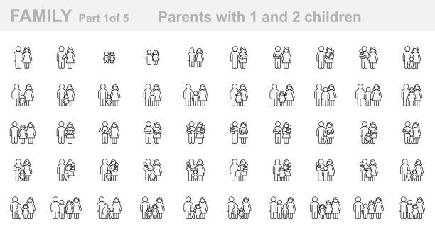 stockillustraties, clipart, cartoons en iconen met family (part 1 of 5). parents with one and two children. father, mother, son, daughter, newborn, infant, kid, teenager. set of outline icons (thin line vector). editable strokes - family