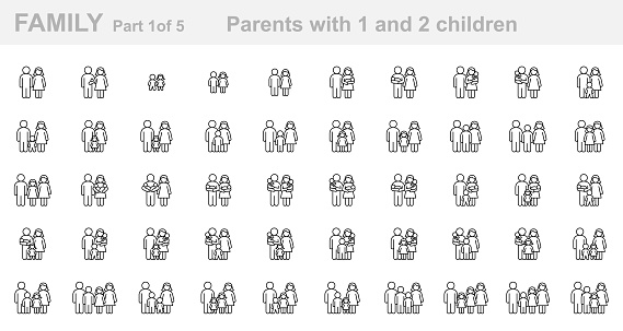 Family (Part 1 of 5). Parents with one and two children. Father, mother, son, daughter, newborn, infant, kid, teenager. Set of outline icons (thin line vector). Editable Strokes