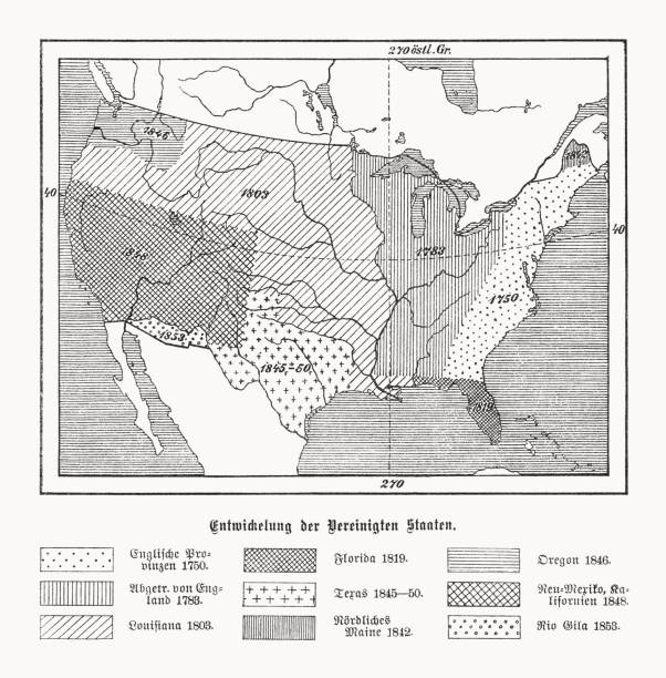 Historical development of the USA, wood engraving, published in 1899 Map of the historical development of the United States of America during the 18th and 19th centuries (explanations in German). Left: English provinces 1750; Dismissed by England 1783; Louisiana 1803. Center: Florida 1819; Texas 1845 - 1850; Northern Maine 1842. Right: Oregon 1846; New Mexico/California 1848; Rio Gila 1853. Wood engraving, published in 1899. colonies map stock illustrations