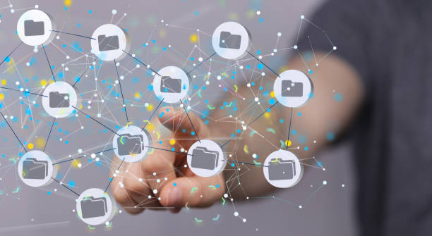 istock Floating network of 3D connected business symbols- team, data management concept 1463394783