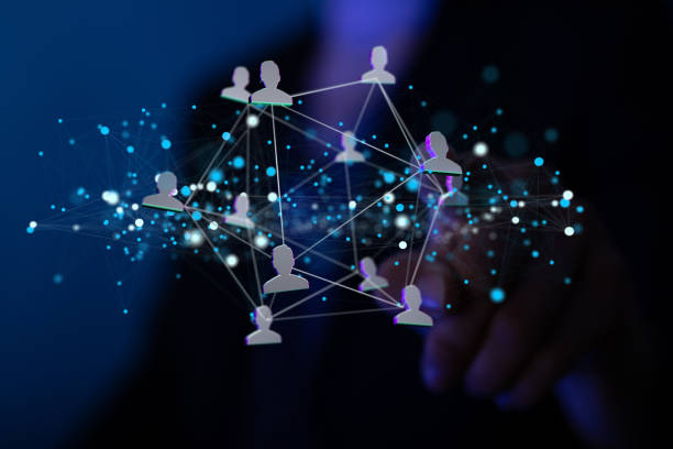 istock Connected network of profile icons on a blurred background 1463394845
