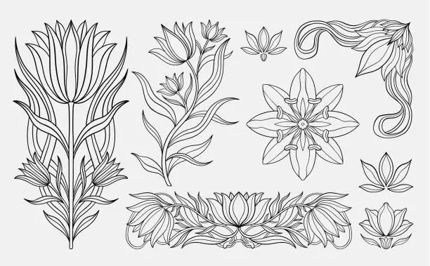 Vector illustration of Floral tulip set in art nouveau 1920-1930. Hand drawn in a linear style with weaves of lines, leaves and flowers.