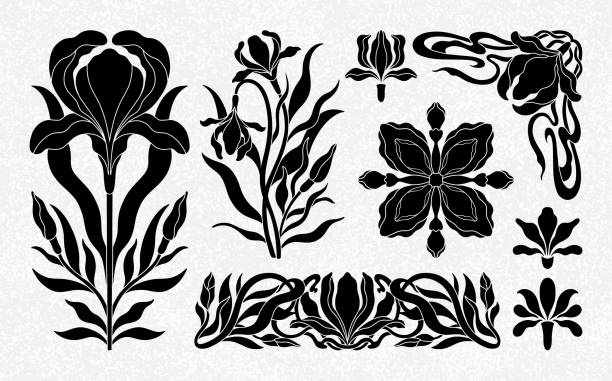 illustrations, cliparts, dessins animés et icônes de iris floral serti dans l’art nouveau 1920-1930. dessiné à la main dans un style linéaire avec des tissages de lignes, de feuilles et de fleurs. - art nouveau