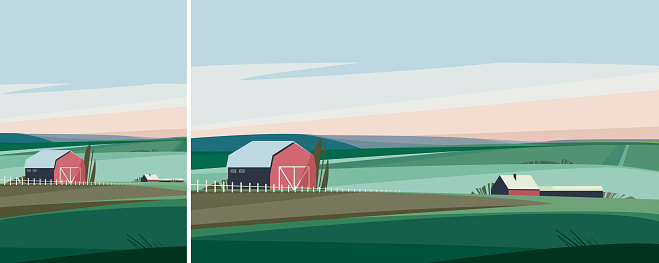 Farm in spring season. Agricultural landscape in different formats.