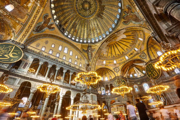 istock St. Sophia mosque interior dome and lamps. Historic Istanbul, Turkey 1463401607