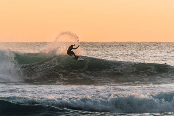 istock Surfer catching the big wave in the sea at sunset 1463402352