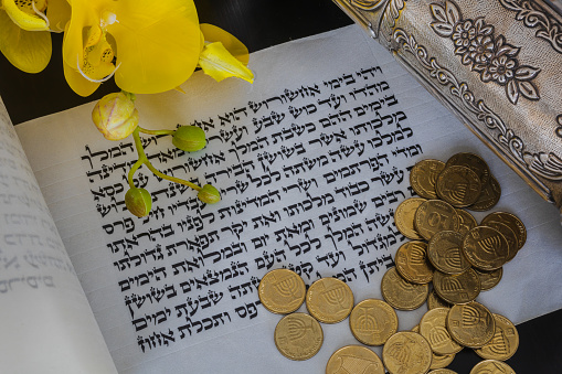 Open Megillat Esther [hebrew: Megillah, Megilah, Megila, Megilat, Megilla; russian: Мегила, Мегилла] (Scroll, Book of Esther) isolated scroll on black background and coins [hebrew: tzedakah, tzedakah, tzdakah, tzdakah, cedakah, cedakah, cdakah, cdakah; russian: Цдака цедака, цдока], flowers, silver. Read on the Jewish holiday of Purim