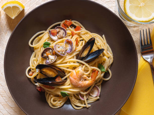 istock Top view of Spaghetti with seafood 1463404722