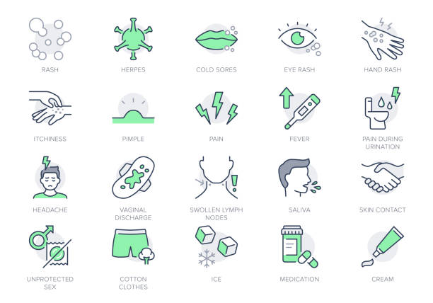 Herpes symptoms line icons. Vector illustration include icon - blister, pimple, pain, fever, vaginal, discharge, sores, blister outline pictogram for rash virus. Green Color, Editable Stroke Herpes symptoms line icons. Vector illustration include icon - blister, pimple, pain, fever, vaginal, discharge, sores, blister outline pictogram for rash virus. Green Color, Editable Stroke. skin scrape stock illustrations