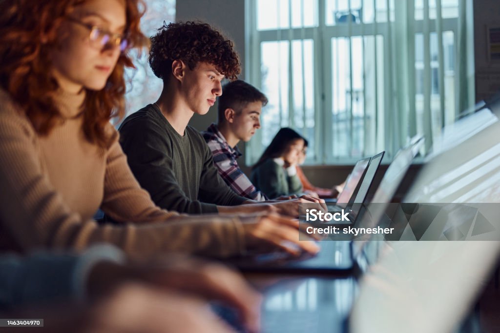 Students On Elearning High School Students Elearning Over Computers In The Classroom Stock ...