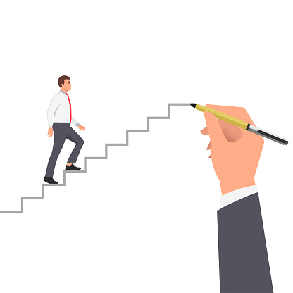 Young man is climbing career ladder. Human hand drawing stairs close up. Concept of business development. Flat vector illustration isolated on white background