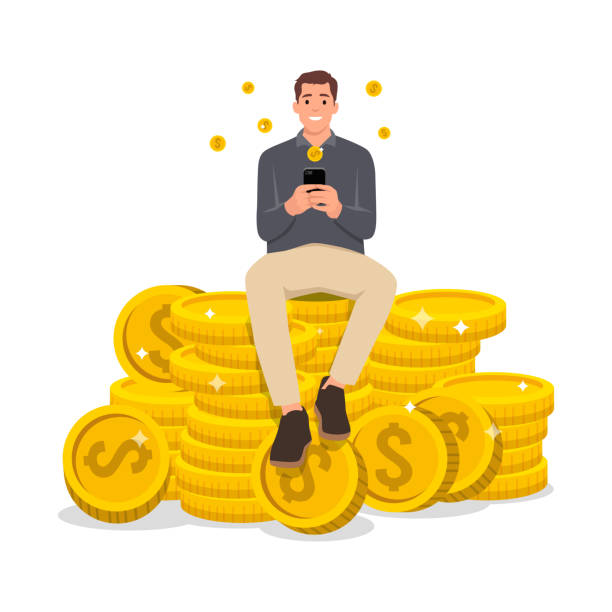 Young success man sitting on pile of dollar coins. Big money and coins. Finance success, money wealth. Flat vector illustration isolated on white background Young success man sitting on pile of dollar coins. Big money and coins. Finance success, money wealth. Flat vector illustration isolated on white background cartoon of rich man stock illustrations