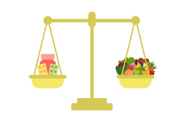 Vector illustration of Healthy Foods Or Vitamin Pills? Weight Scale With Vitamin Capsules And Healthy Foods