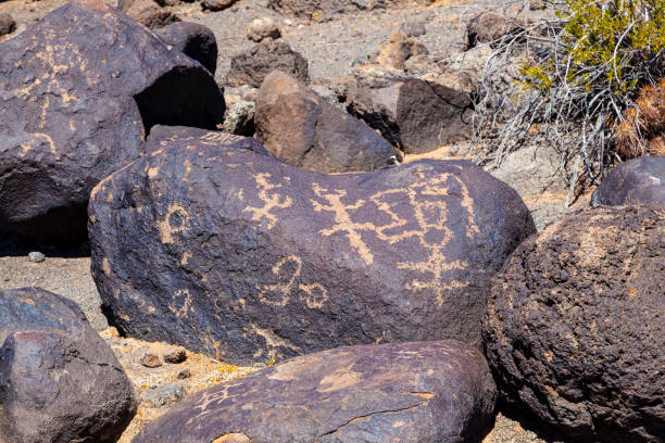 Tropical scenery of the Eastern Islands in Chile. Ancient drawing of a Manutara bird on a stone wall