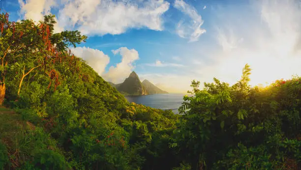 The iconic view of Soufriere hills, in Saint Lucia